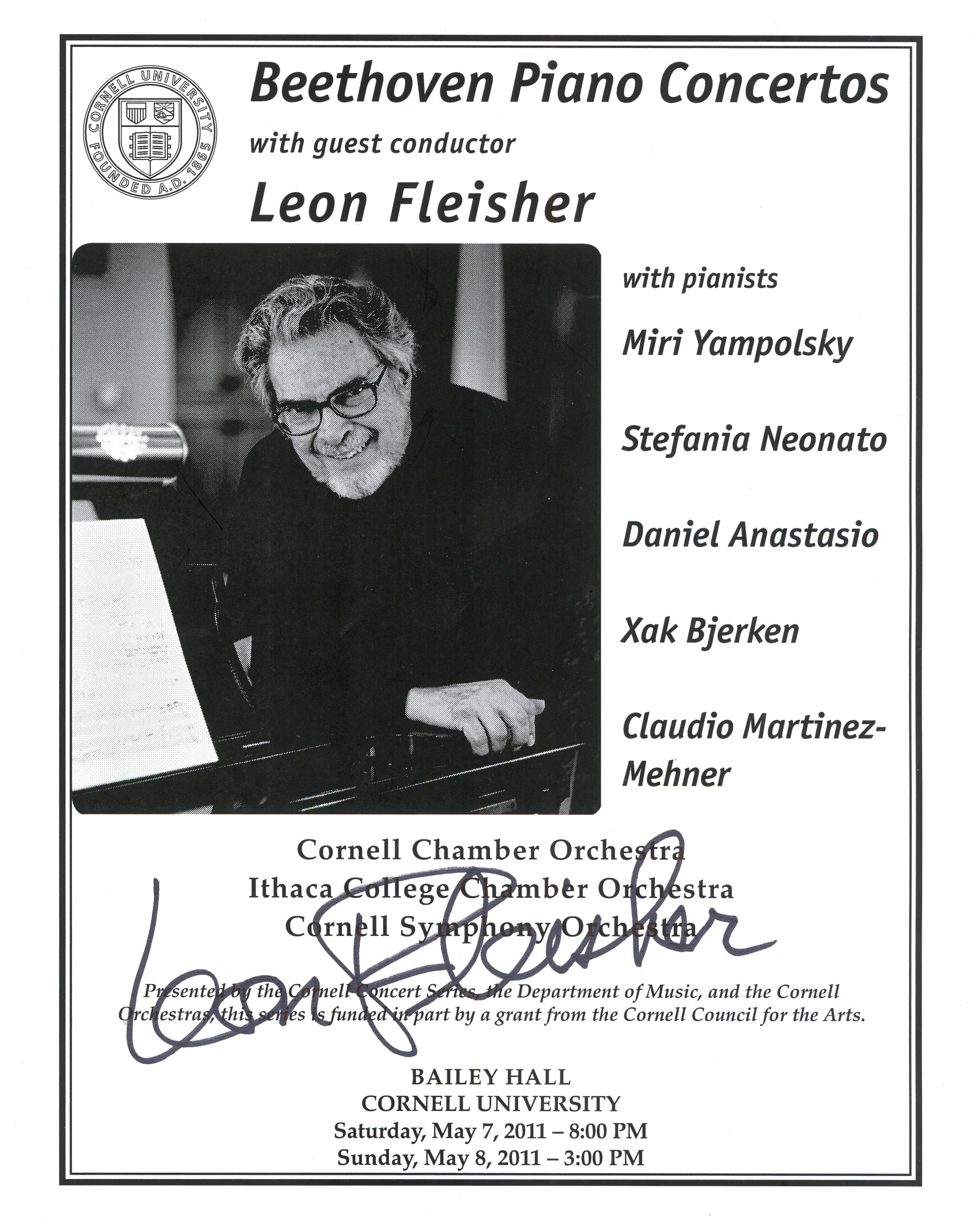 Program for Beethoven Piano Concertos with guest conductor Leon Fleisher
