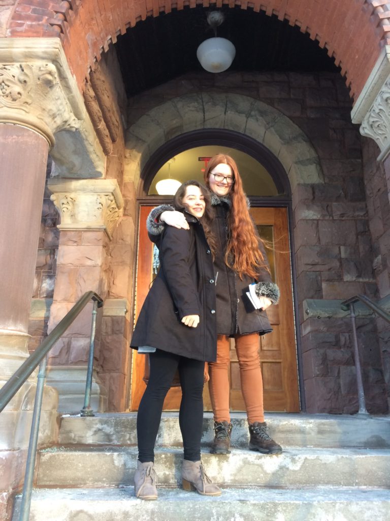 Nina Knight and Ellie Cherry outside of Lincoln Hall, home of the Department of Music